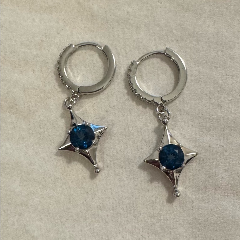 London blue topaz earrings mini hoops with zircons round star shape silver 925